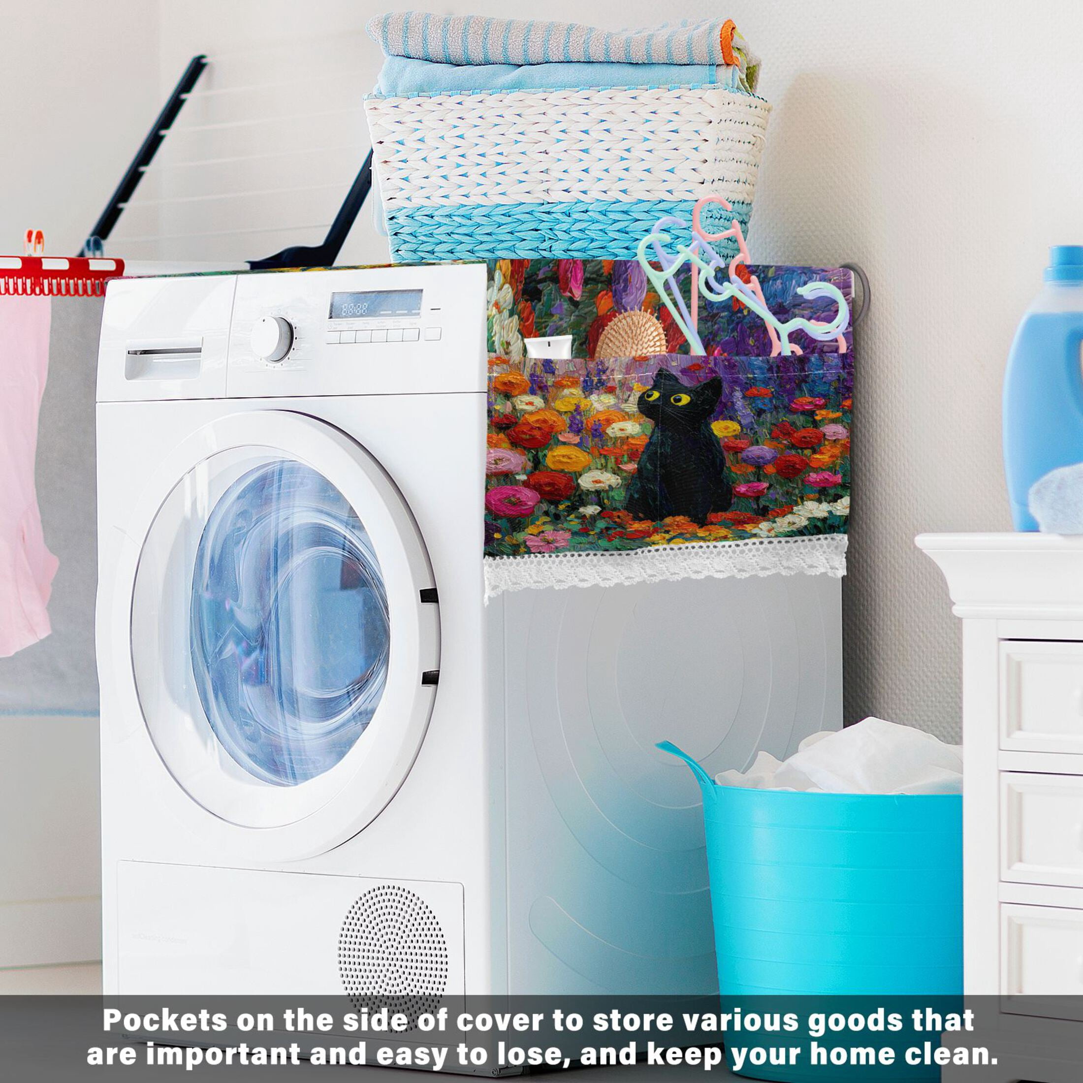 Wobogo Black Cat Rainbow Flower Washing Machine Cover Dustproof Washer Dryer Cover Waterproof Laundry Room Decorative Protector