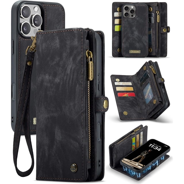 Wallet Case for iPhone 16 Pro Max, Zipper Purse Folio Leather Wallet with Card Holder Wrist Strap Detachable Magnetic Shockproof Protective Back Case for iPhone 16 Pro Max 6.9 inch