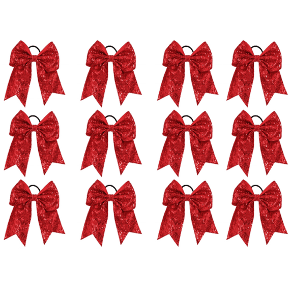 12 Pcs 7" Sequin Red Cheer Hair Bows Ponytail Holder Elastic Band Handmade for Cheerleaders Teen Girls College Sports
