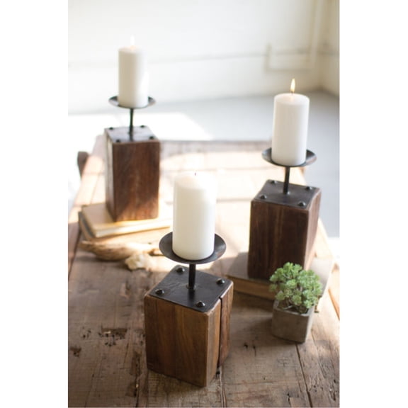 SET OF THREE RECYCLED WOOD CANDLE HOLDERS
