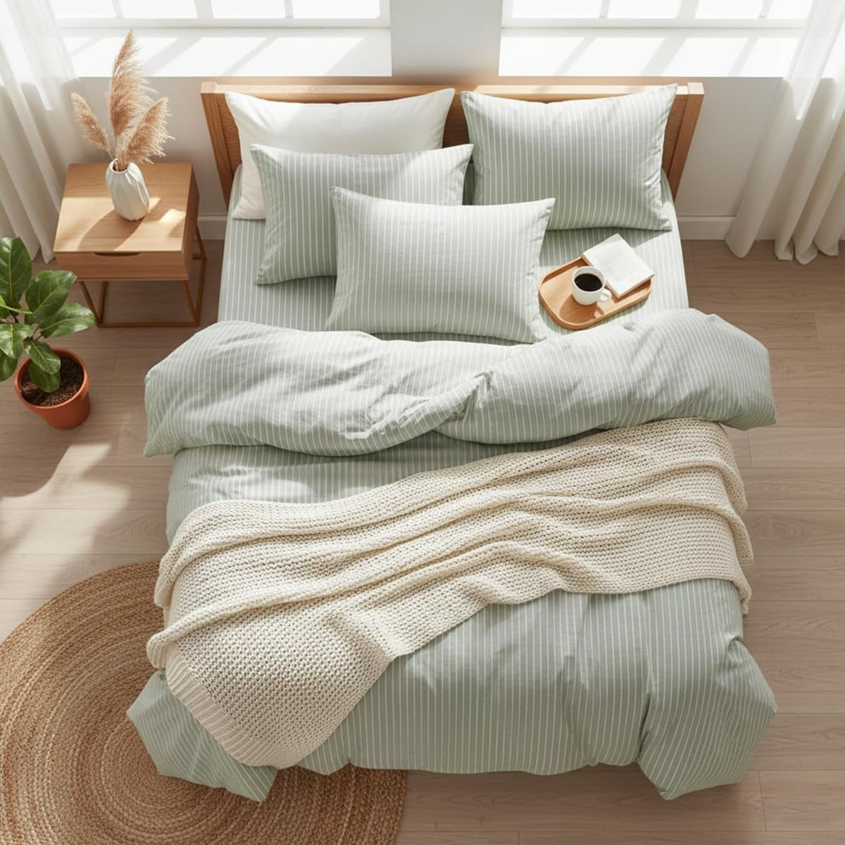 NAYOROOM 100% Cotton Duvet Cover Queen Set, 3-Piece Breathable Comforter Cover（Sage Green & White Striped）