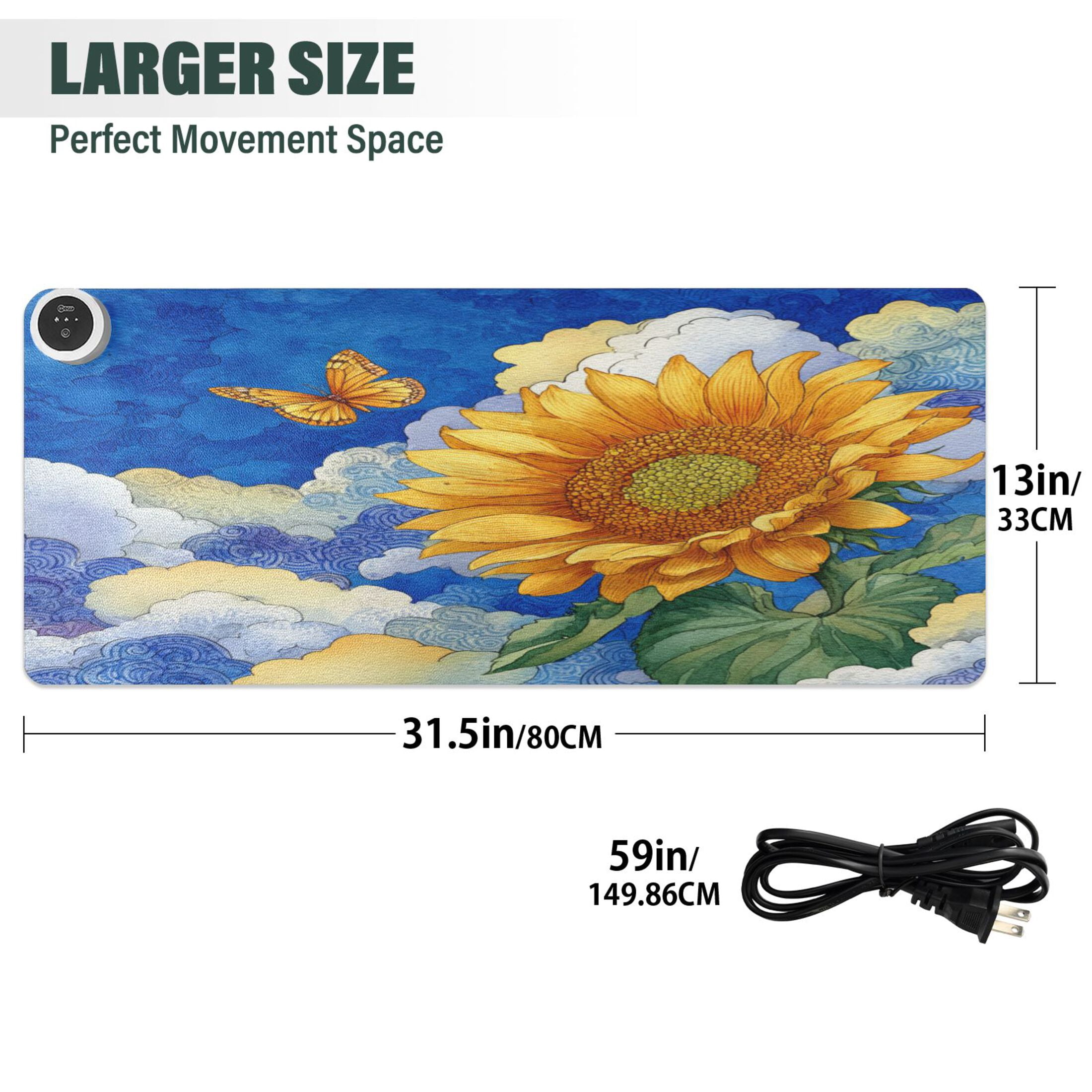 Large Heated Desk Mat Mouse Pad 31.5"x13"PU Leather Graphene Heating Desk Warmer with 3 Temperature Settings 110V US Plug Non-Slip Warm Pad for Home, Office, and Gaming Beautiful Sunflower in The Sky
