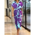 thumbnail image 2 of Women Button Down Ruched Shirt Dress Short Sleeve Lapel V Neck Elegant Party Maxi Floral Dress with Belt Purple XL, 2 of 4