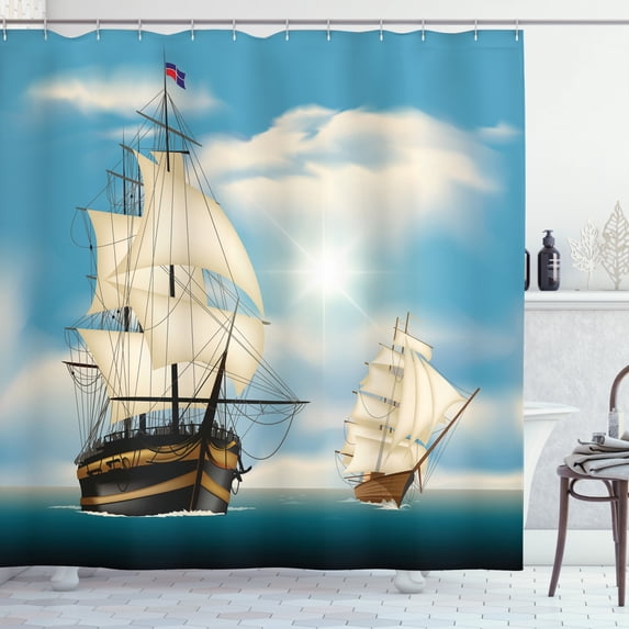 Vintage Boat Shower Curtain, Ships Sailing in the Ocean in a Clear Sunny Day Antique Nautical Seascape, Fabric Bathroom Set with Hooks, 69W X 75L Inches Long, Multicolor, by Ambesonne