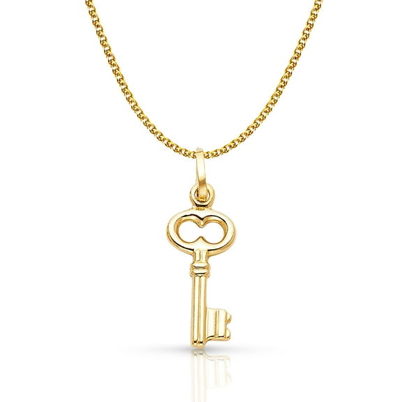 14K Yellow Gold Plain Key Charm Pendant with 1.4mm Flat Open Wheat Chain Necklace