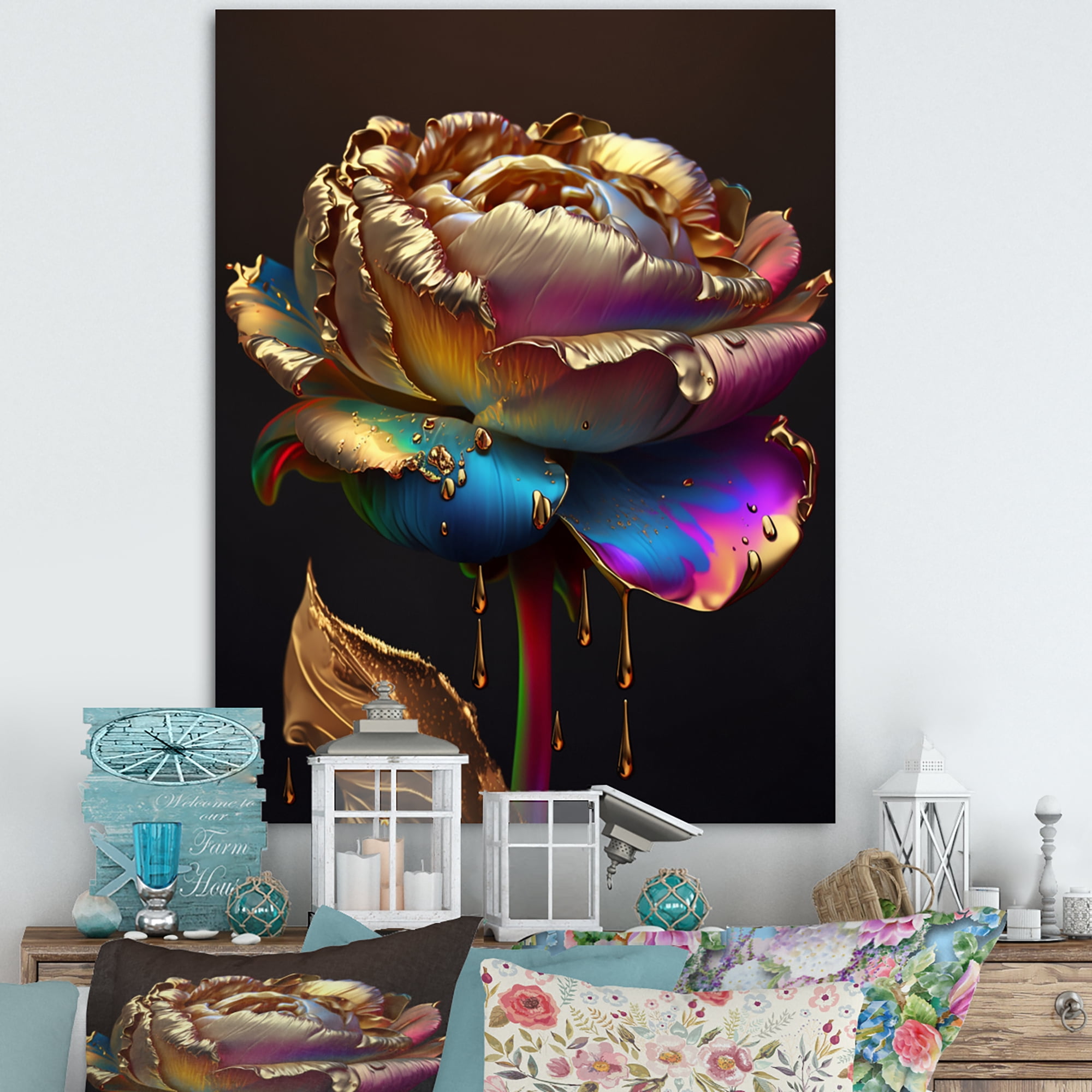 Designart Rainbow Peony Liquid Gold Drips Hyper V Canvas Wall Art