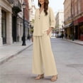 thumbnail image 4 of Linen Two Piece Outfits for Women Summer V Neck Button Down Tops Wide Leg Pants Set Casual Loose Matching Sets For Vacation, 4 of 7