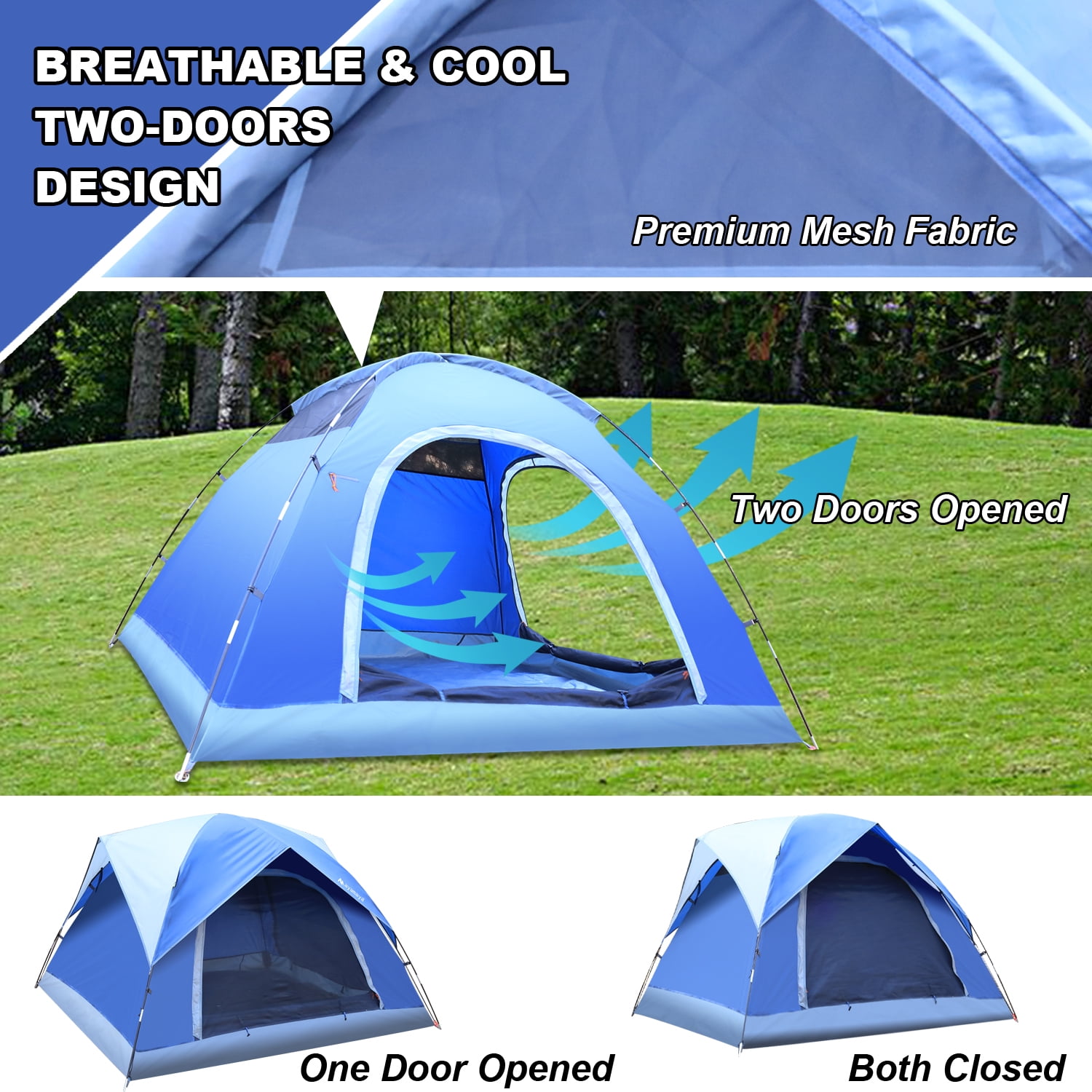 AYAMAYA 4 Person Camping Tent, Outdoor Dome Tents with Double Mesh Door & Removable Rainfly, Windproof & Waterproof Easy Setup, Lightweight Tentsfor Backpacking,Hiking-Blue