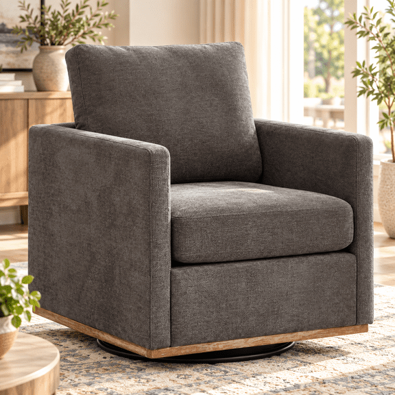 Aukfa 30.7" Modern 360° Swivel Accent Chair, Upholstered Reading Armchair with Weathered Wood Base, for Living Room/Bedroom,Dark Gray