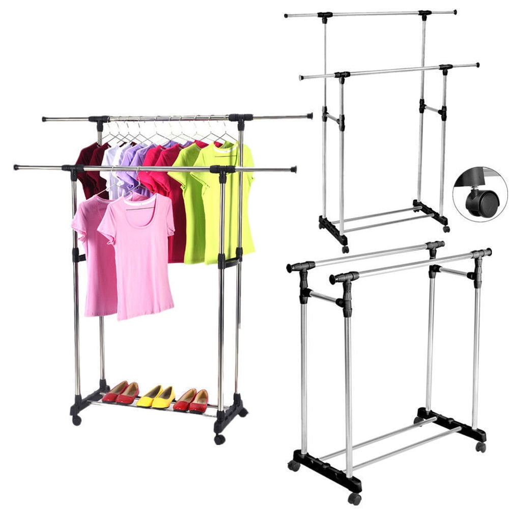 Details about   Double Adjustable Heavy Duty Clothes Hanger Rolling Garment Rack W/ 2Drawers New 