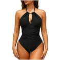 thumbnail image 3 of yoeyez Slimming One Piece Swimsuits for Womens Ruched Tummy Control Cutout Bathing Suit Backless Lace Up Halter Monokini Swim Suits Retro Swimwear Black,L, 3 of 7