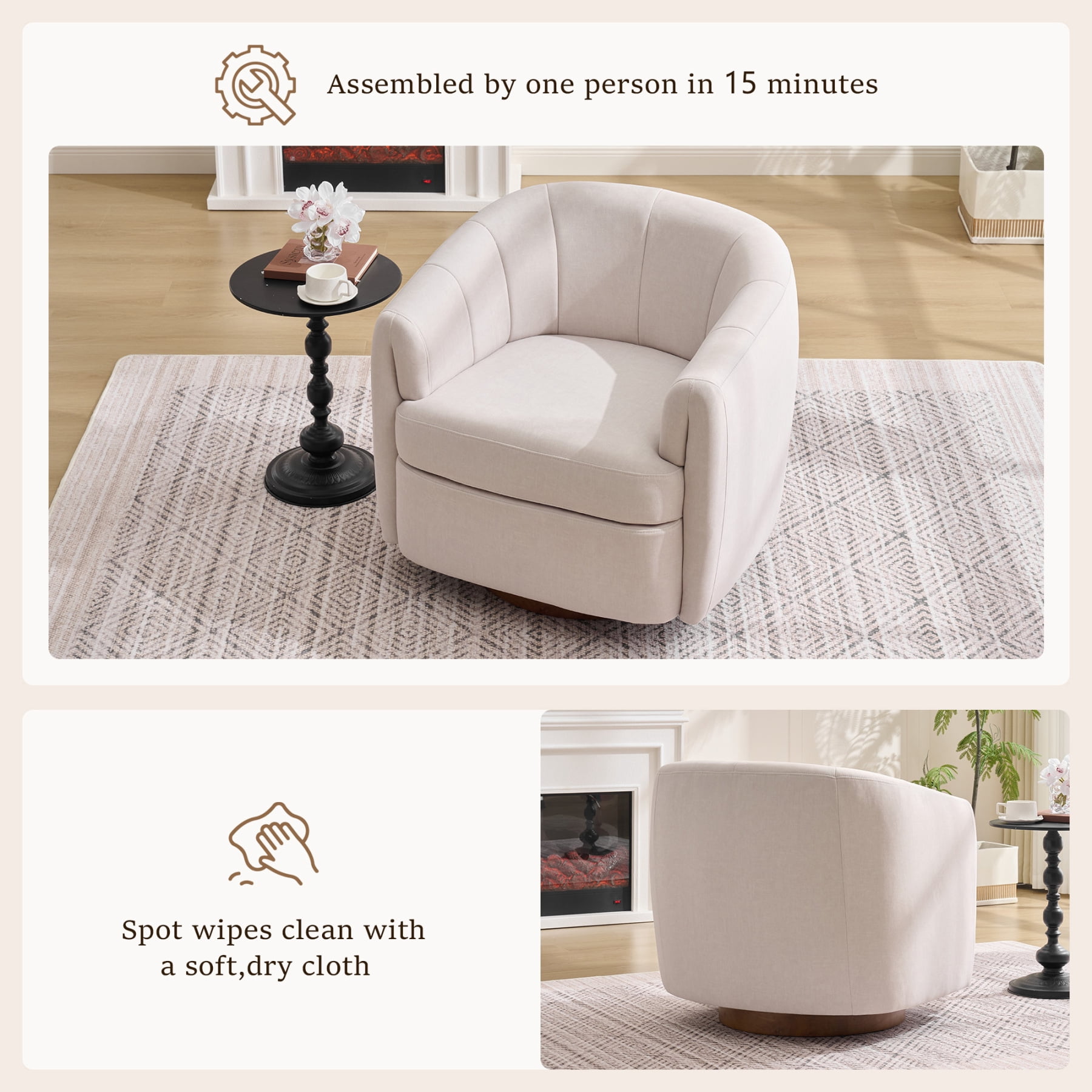 Leumius Velvet Swivel Accent Chair, Upholstered Armchair with Solid Wood Base,Comfy Reading Chair With Curved Thickened Backrest,White Velvet