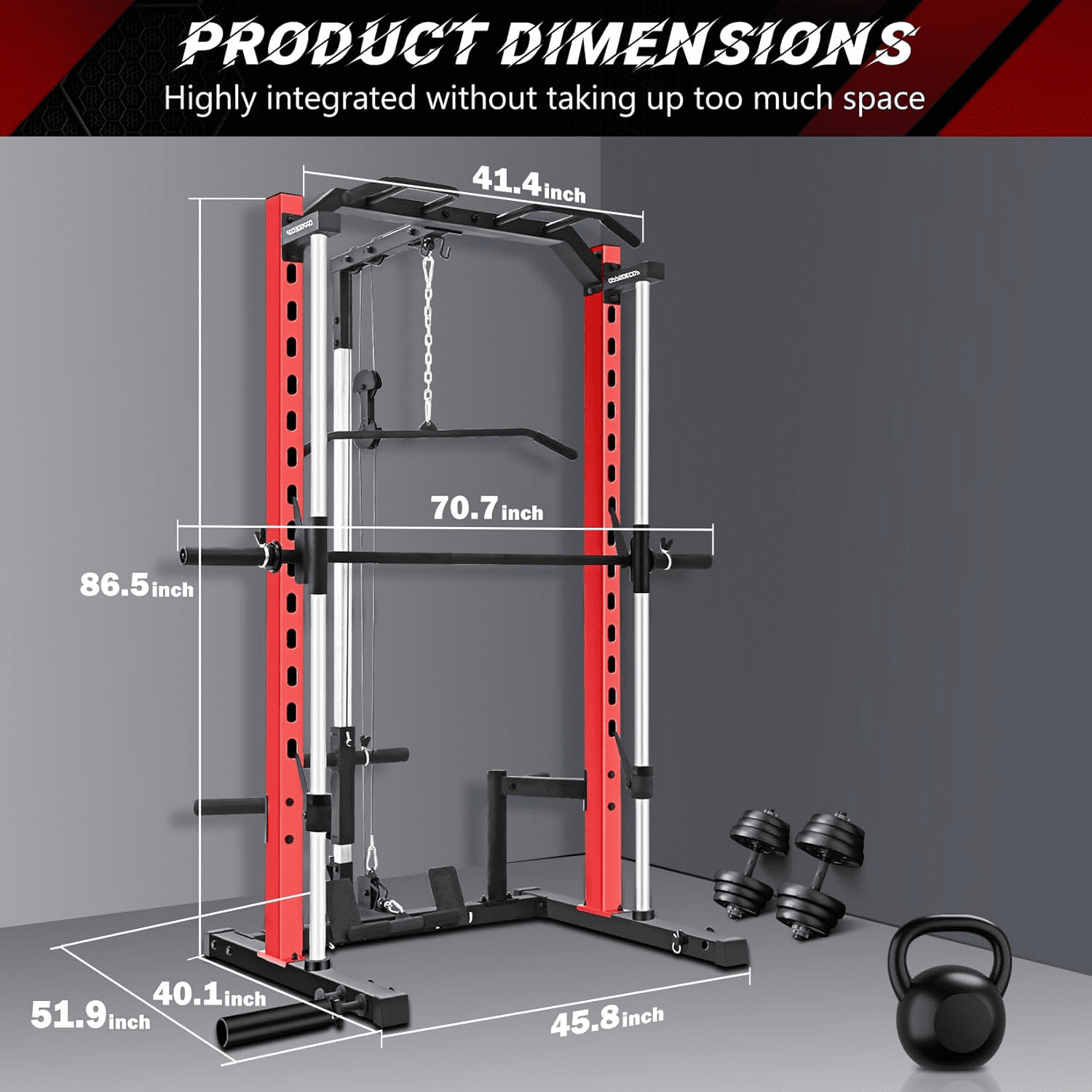 VIBESPARK Smith Machine Power Rack with Lat-Pull Down Pulley System & Cable Row, Multi-Functional Squat Rack Cage with Barbell Bar, Landmine, Pull-up Bar and More Attachment for Home Gym