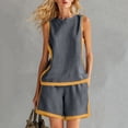 thumbnail image 2 of Women's Cotton Linen 2-Piece Outfit Contrast Trim Round Neck Sleeveless Top Pocket Shorts Casual Summer Set Dark Gray L(L), 2 of 6