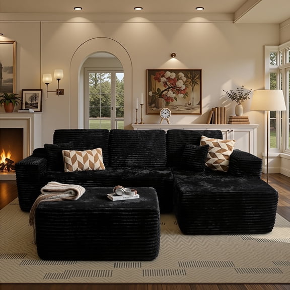 Ovios 106" Cloud Sofa Couch No Assembly Boneless Deep Seat Sofa with Ottoman for Living Room, Black (Plush Corduroy)