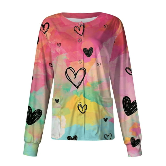 LHVUOA Valentine Day Trendy Jackets for Women Funny Love Heart Printed Working Jacket Scrub Tops Working Uniforms with Pockets