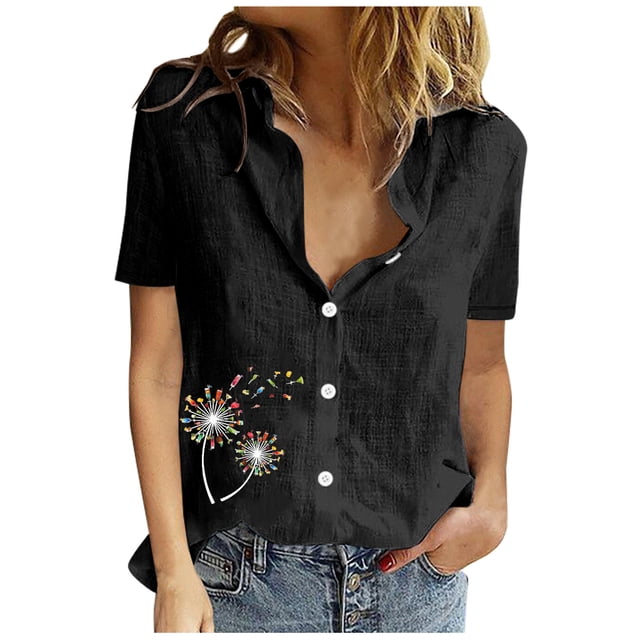 Dealovy Haut en Coton et Lin pour Femmes, Manches Courtes, Chemises Boutonnées, Col à Revers, Jolies Blouses à Imprimé Graphique