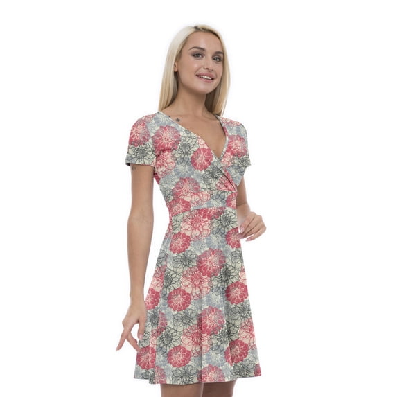Women’s A Line Dahlia Flower Summer Dress, Retro Triangle Arrangement, Cross Wrap V Neck, 6 Sizes, by Ambesonne