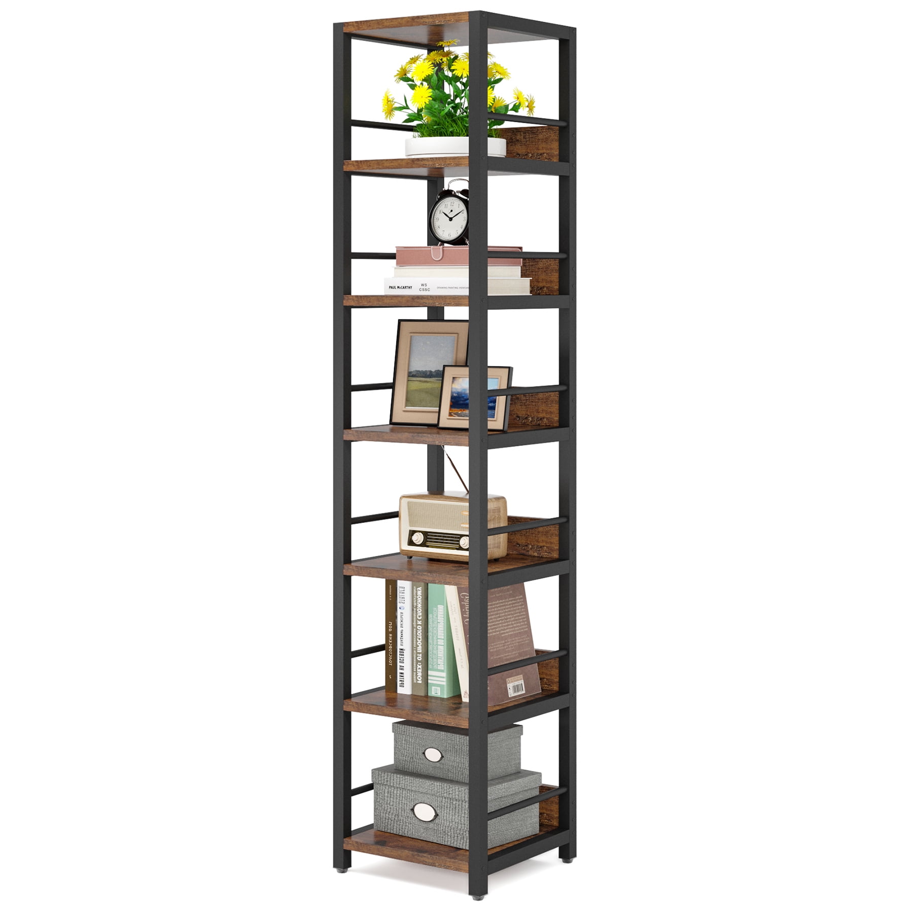 Fnova 75" 6-Tier Corner Bookshelf, Tall Narrow Rustic Wood Open Storage Rack, Square Bookcase Display Stand for Small Spaces in Living Room, Bathroom