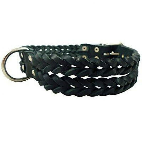 double braid black genuine leather dog collar braided 1.5 wide, fits 19.5-22.5 neck, large