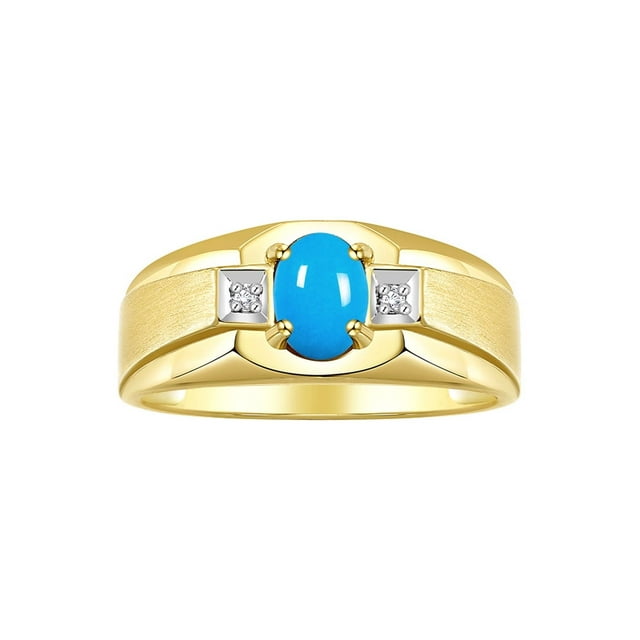 RYLOS Men's Rings 14K Yellow Gold Classic 7X5MM Oval Gemstone & Diamond Ring Turquoise Turquoise Birthstone Rings For Men, Gold Rings Size 9