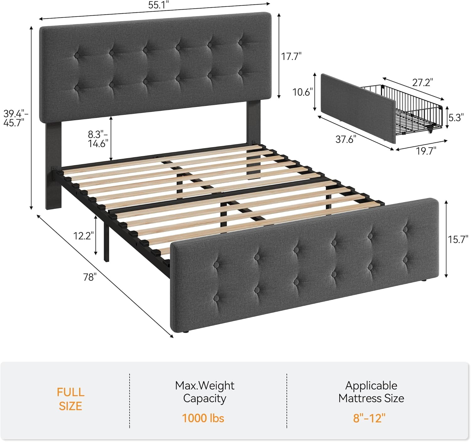 Memoryfield Full Size Bed Frame with 4 Storage Drawers and Headboard, Linen Upholstered Platform Bed Frame with Wooden Slats Support, No Box Spring Needed, Dark Gray