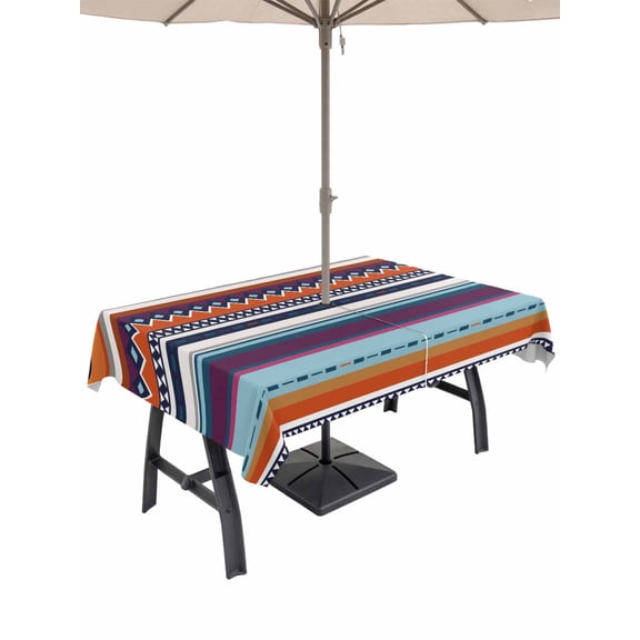 Modern Bohemian Outdoor Tablecloth - 52x70 Inch Rectangle Dining Table Cover, Minimalist Abstract Boho Paisley Orange Red Waterproof Outdoor Table Cloth with Umbrella Hole & Zipper for Picnic/Patio