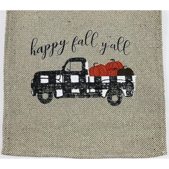 Serafina Home Fall Table Runner: Black and White Farmhouse Pumpkin Truck Happy Fall Y'all, Printed on Cotton Fibers with Faux Burlap Weave.