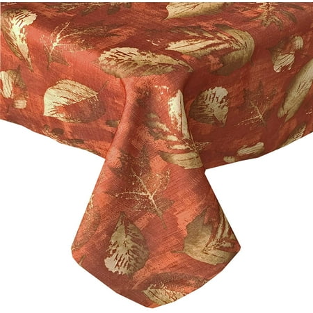 

Newbridge Metallic Foliage Contemporary Autumn and Thanksgiving Fabric Tablecloth Golden Metallic Leaf Print Soil Resistant No Iron Easy Care Tablecloth 60 Inch x 102 Inch Oblong/Rectangle Spice