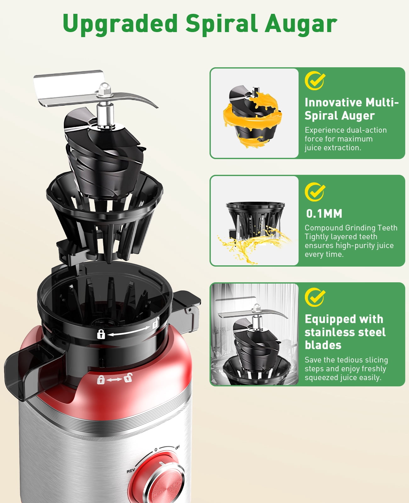 GlowWise Cold Press Juicer Machine 4.35 Extra Wide Feed Chute, Quiet Masticating Juicer for Fruits & Vegetables, Easy to Clean & Assemble, Ideal for Home Kitchens, Healthy Families & Fitness Lovers