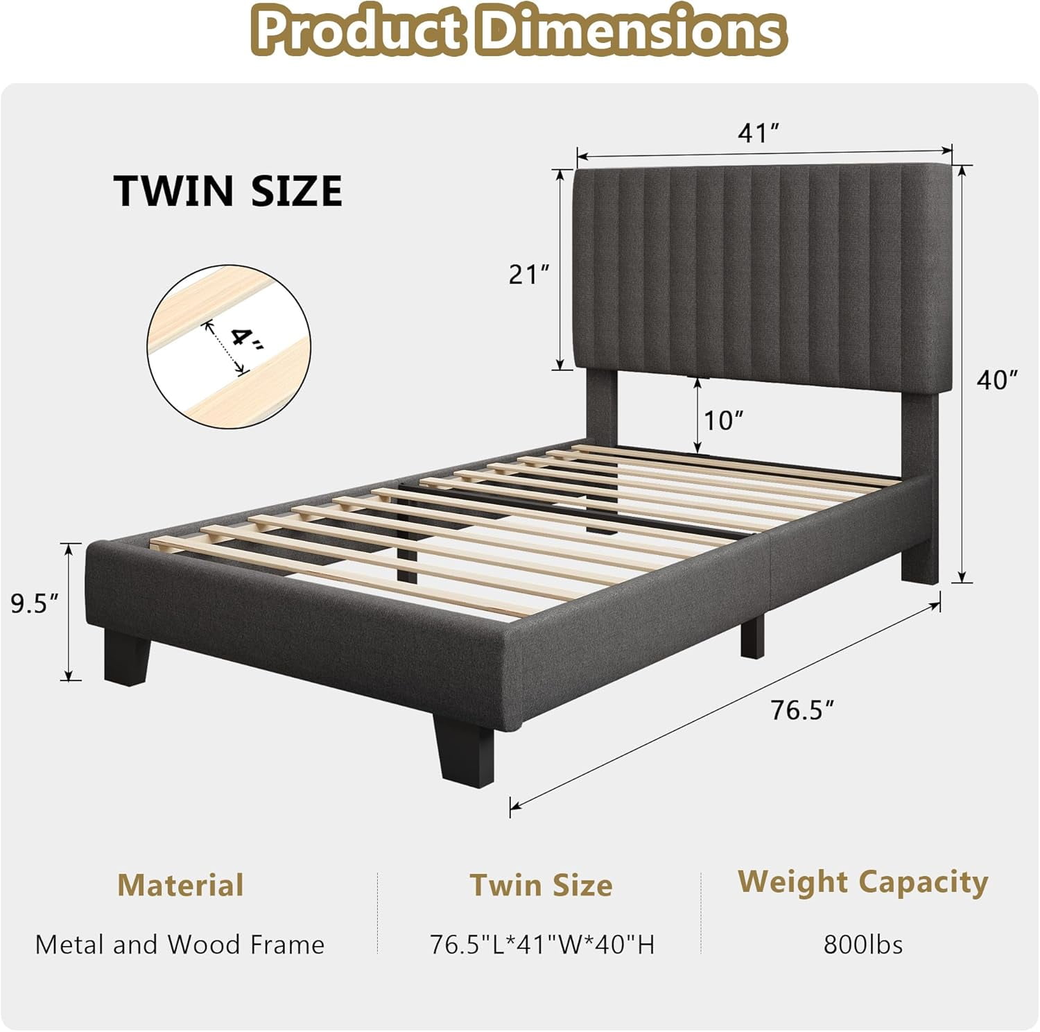 Honfach Twin Size Bed Frame, Upholstered Platform Bed with Velvet Headboard, Wide Bed Legs and Strong Wood Slats Support,Dark Grey