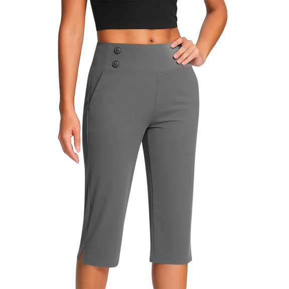 Domuza Capri Pants for Women Casual High Waist Stretch Golf Pant New Fashion Workout Yoga Work Business Capris with Pockets Dark Gray XL