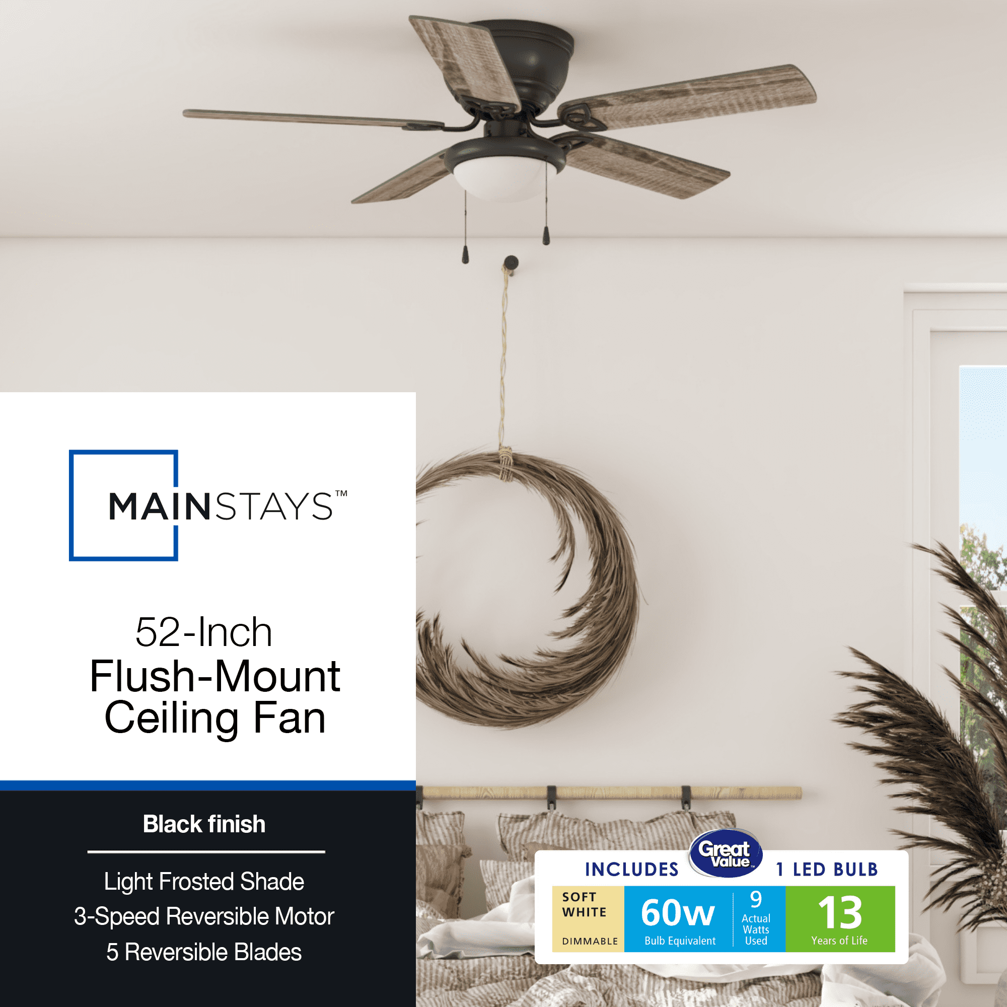 Mainstays 52" Black Traditional Indoor Ceiling Fan with Light, Pull Chain Control & Reverse Airflow