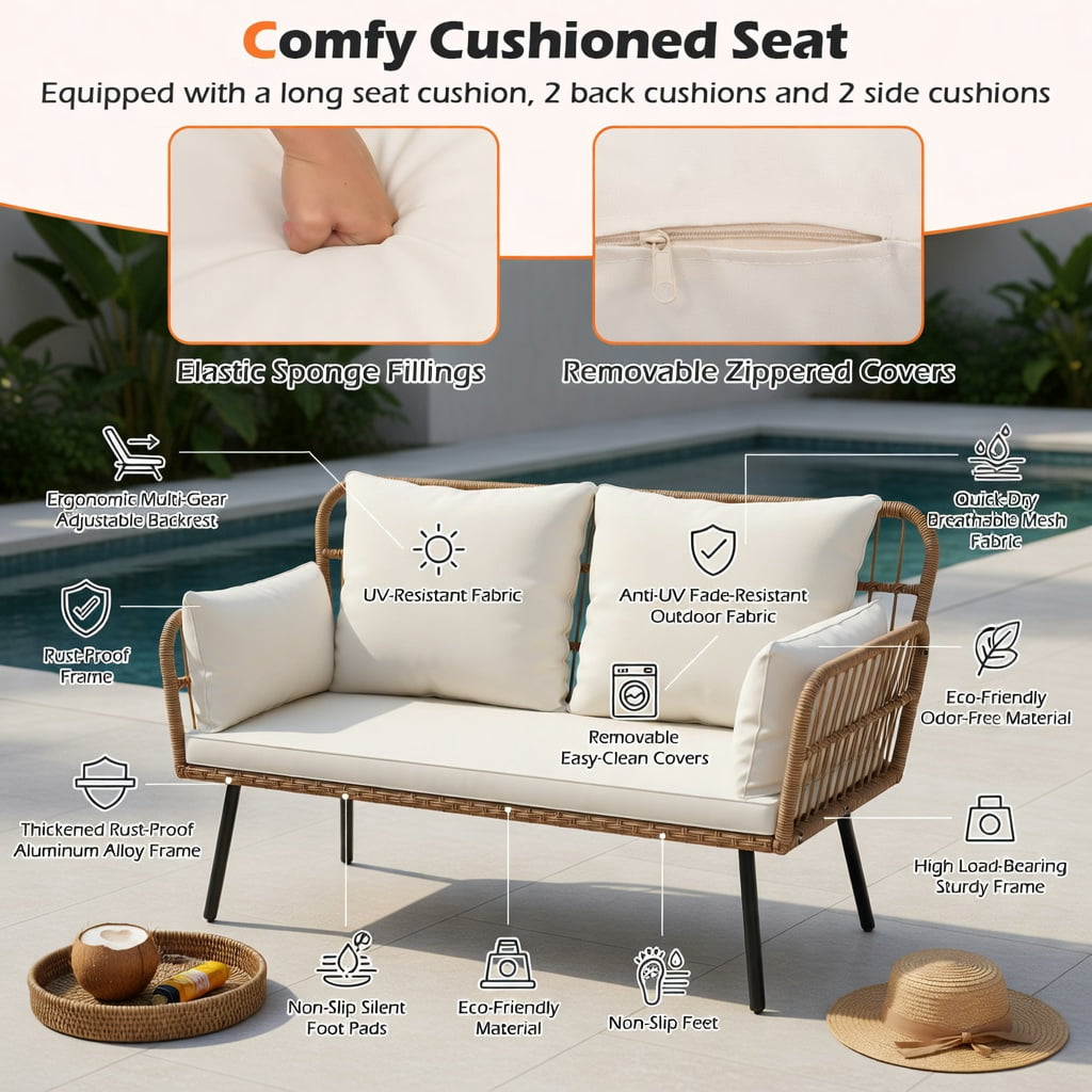 Hommoo Hommoo 2-Person Outdoor PE Rattan Loveseat with Removable Cushions, Heavy-Duty Metal Frame, Ergonomic Backrest, Off-White