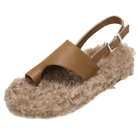 

Women Walking Shoes Ladies Winter Sandals Plus Cotton Sandals Buckle Lambs Hair Toe Sandals Women Shoes slipper for Women lambswool Brown