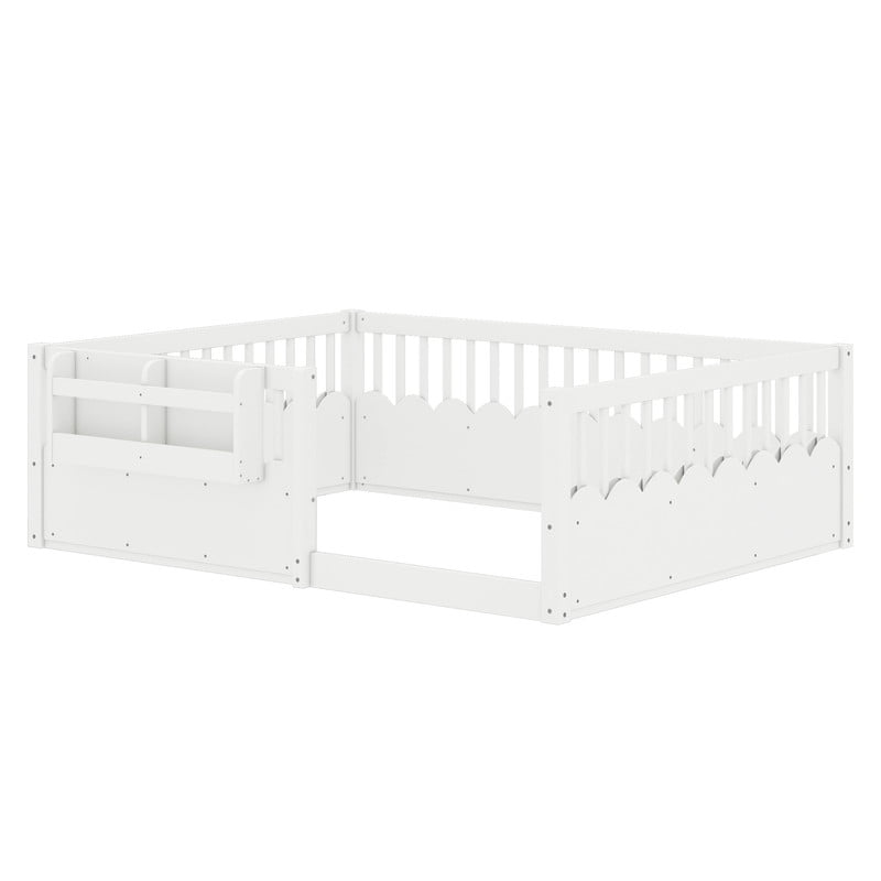 Full Size Floor Bed with Heightened Fence, Kids Platform Bed Frame with No Slat, Montessori Storage Bed with Bookshelf