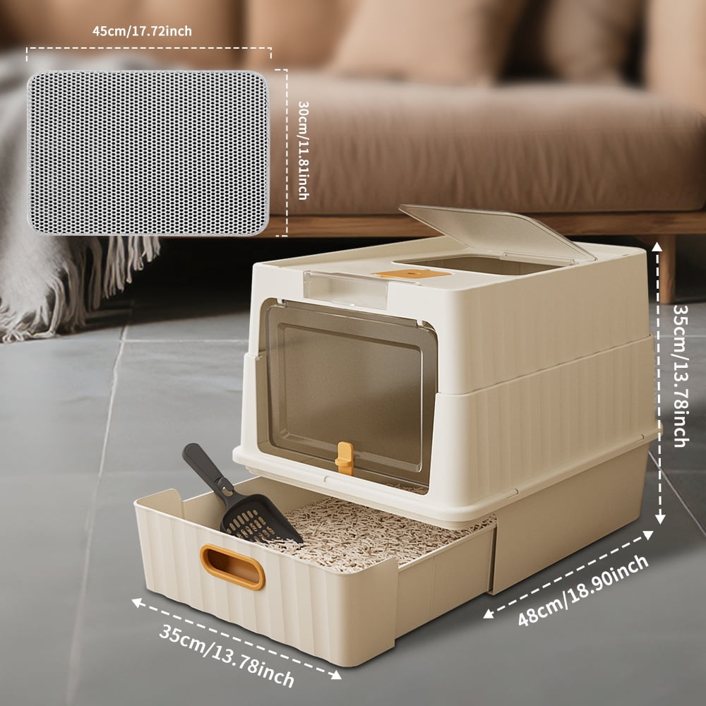 Cat Litter Box + Mat, Drawer-Style Enclosed Large Odor-Control Kitty Toilet with Pull-Out Tray, for Kittens, Big Cats & Multi-Cat Homes, White