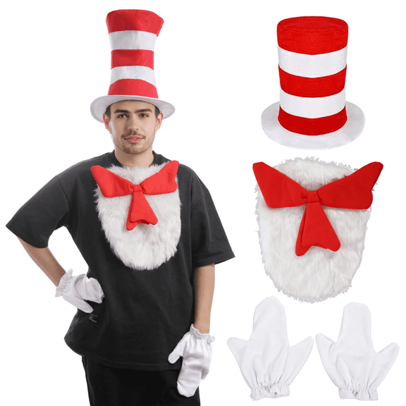 Cat Hat Costume Accessories for Adults, Red and White Striped Top Hat with Furry Bowtie and Gloves, Fun Dress Up Set for Men and Women, World Book Day Halloween Party