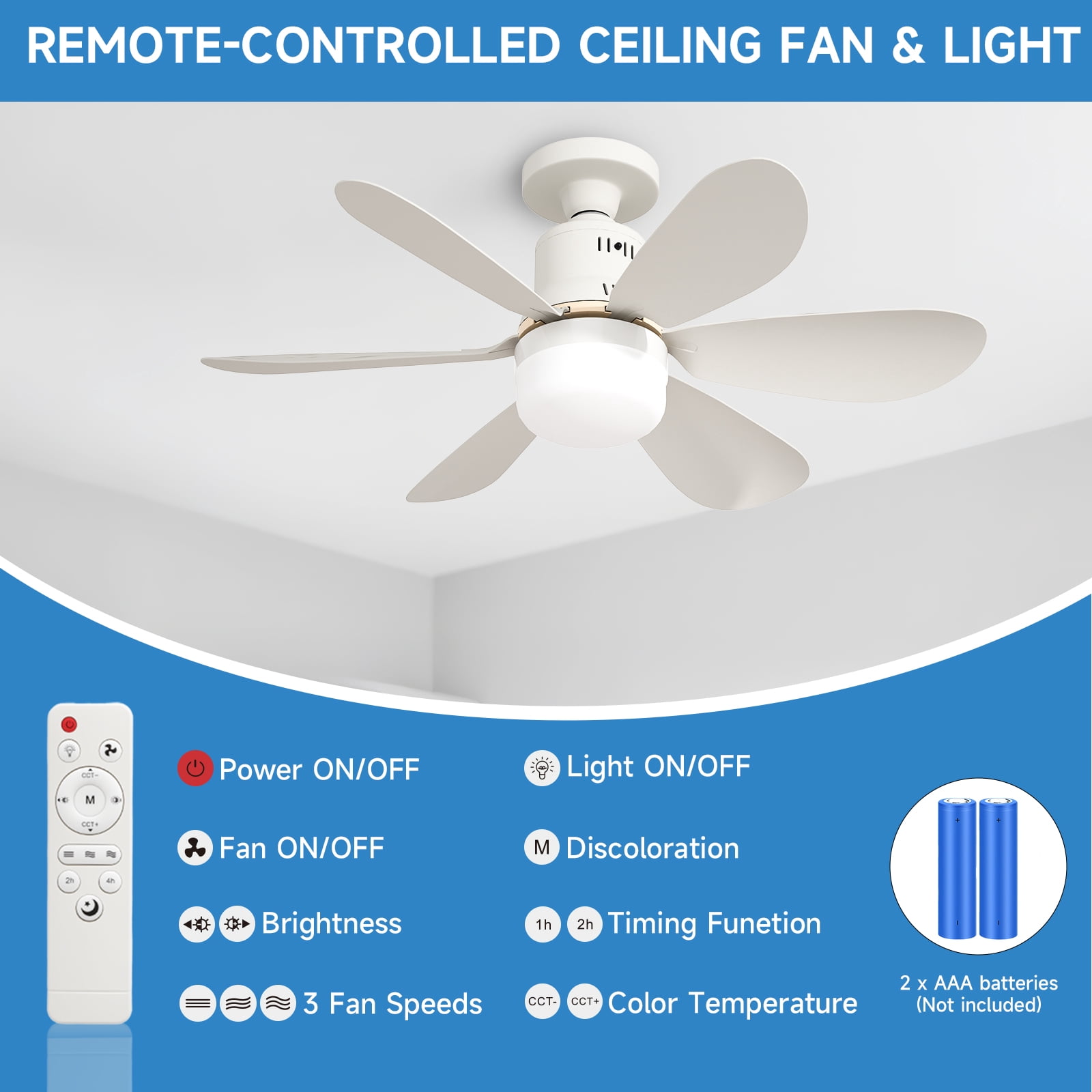 Socket Fan Light with Remote - 20'' Modern Small Ceiling Fans with Lights, 2200 Lumens Dimmable Led Bulb, 3 Colors 3000K-6500K, Easy Install Screw in E26 Base for Bedroom Living Room Kitchen Garage