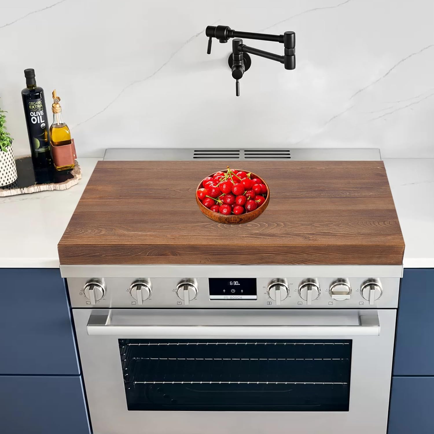 Durable Stove Top Cover, Noodle Board with Built-in Handles, Extra Thick Pine Wood Cookware for Gas Burners & Electric Stoves Walnut Color
