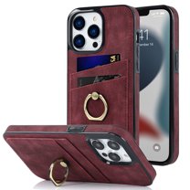 Dteck For iPhone 13 Pro Max,Shockproof Artificial Leather Ring Holder Stand Card Slot Case Cover,Winered