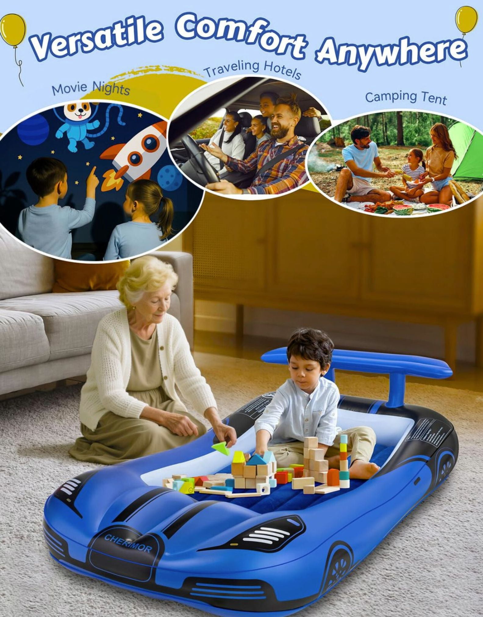 Cherimor Inflatable Toddler Bed, Racing Vehicle Blow Up Mattress for Kids Travel with 4-Side Safety Rail Bumpers, 2-Min Quick Auto Pump, Heavy Duty 330lb Capacity, Portable Toddler Airbed, Blue