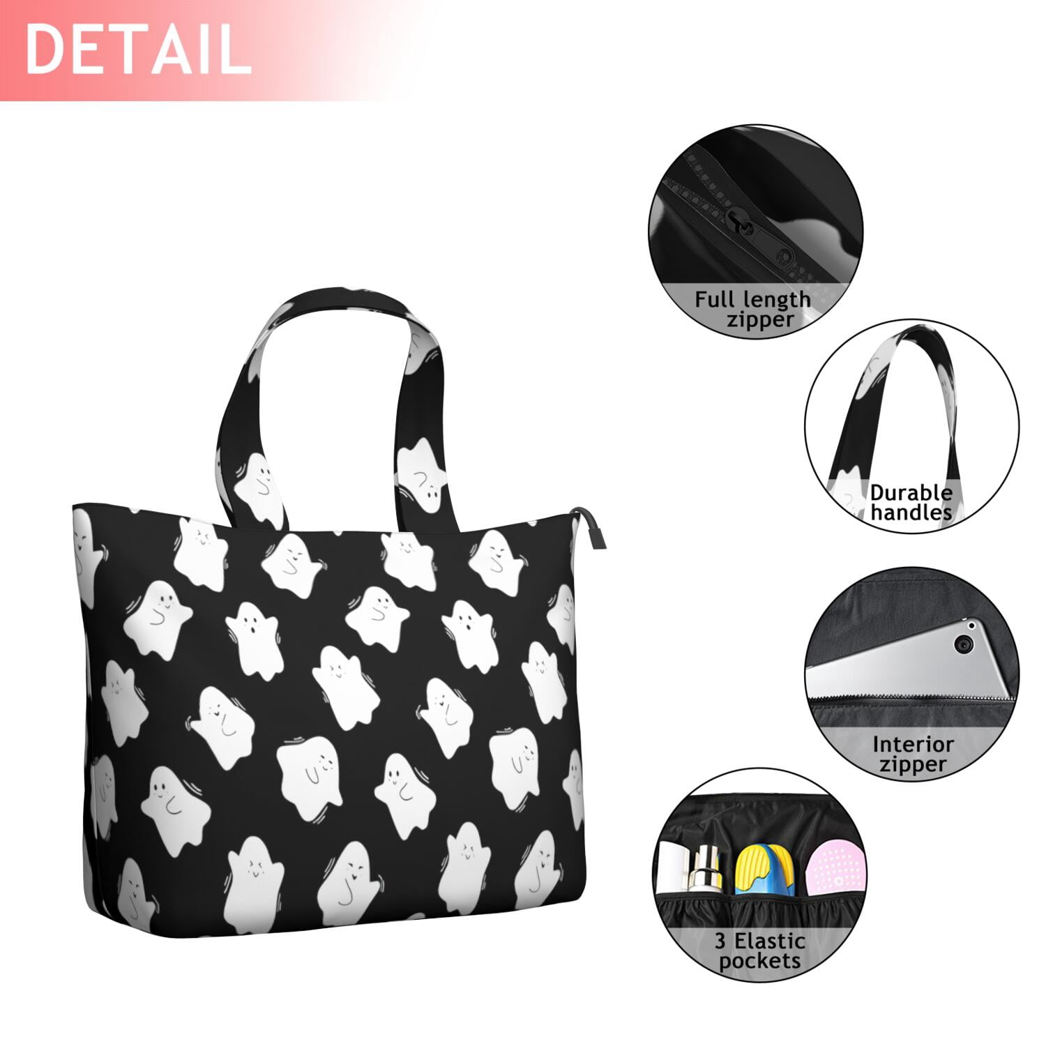 Black Halloween White Ghosts Travel Tote Bags for Women Carry On,Large Weekender Bags for Women Travel,Multi Functional Duffle Bag for Work,Shopping,Sports