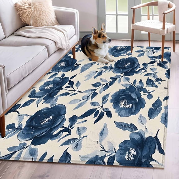 Navy Blue Peony Area Rug 3x5 Washable Rug Non Slip Retro Floral Botanical Blossom Large Area Rug Indoor Floor Carpet for Entryway Bedroom Kitchen Living Room Home Office Dining Room Nursery