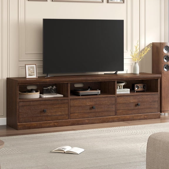 70-in W Mid Century Modern TV Stand with Storage Drawer and Open Shelves Accommodates TVs up to 80-in Entertainment Center Brown