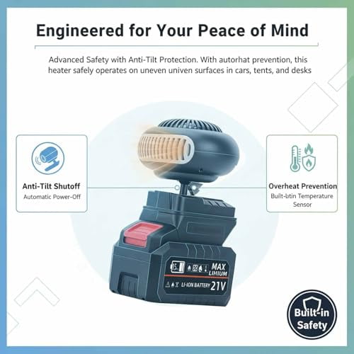 Battery Powered Heater for Car & Small Spaces - Rechargeable Portable Heater with Defrosting Function, Safe Anti-Tilt Design for Indoor Use
