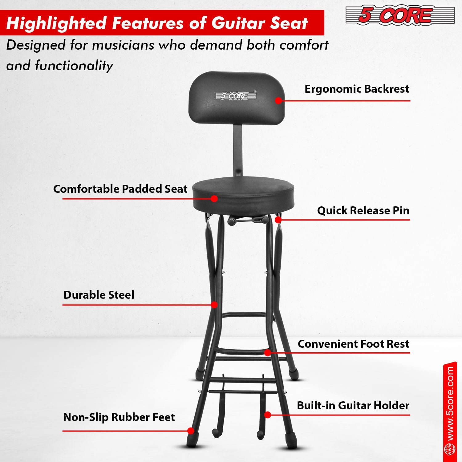 Guitar Stool Seat With Backrest Thick Cushioned Portable Durable Guitars Chair with Padded Holder Stand for Musicians,Black
