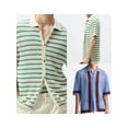 thumbnail image 4 of MIPREWUY Men Knit Button Down Shirts Casual Short Sleeve Lapel Collar Striped Contrast Color Loose Shirts Sweaters, 4 of 8