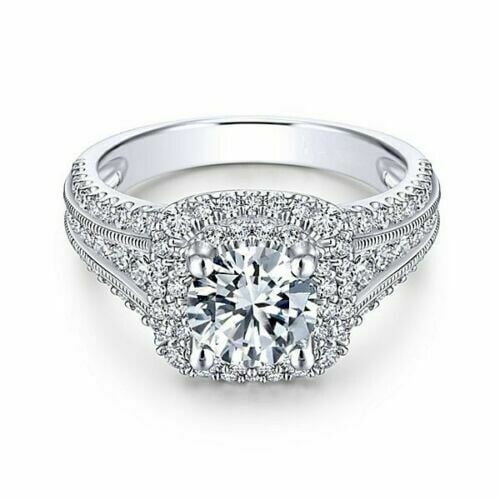 Women's Double Halo Engagement Ring, Split Shank Promise Wedding Ring, 2 Ct Simulated Diamond Wedding Ring, 14K White Gold Plated, Round Cut Diamond Ring Gift For Special Occasion