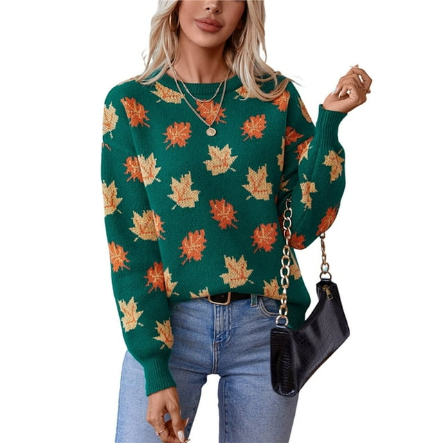 Suéter de Punto Suave y Cómodo de Larga con Cuello Redondo, Estilo Jacquard Informal y Moderno para Mujer con Estampado de Hojas Otoñales. Verde Oscuro L